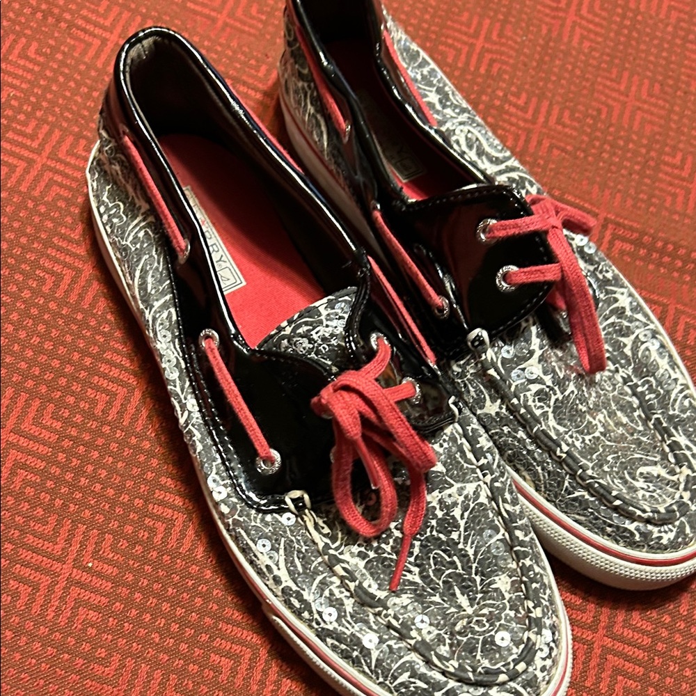 Sperry Women's Black and White Patterned Sneakers with Red Accents